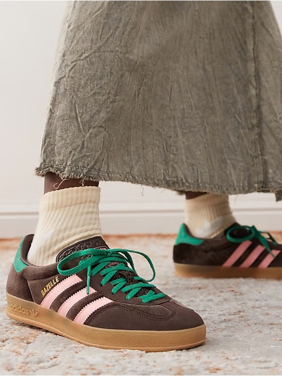 adidas Shoes - adidas Gazelle Women’s Brown Sneakers with Pink Stripes and Green Accents